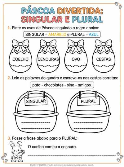Atividade singular e plural tema páscoa 3 ano. Ilustração para colorir