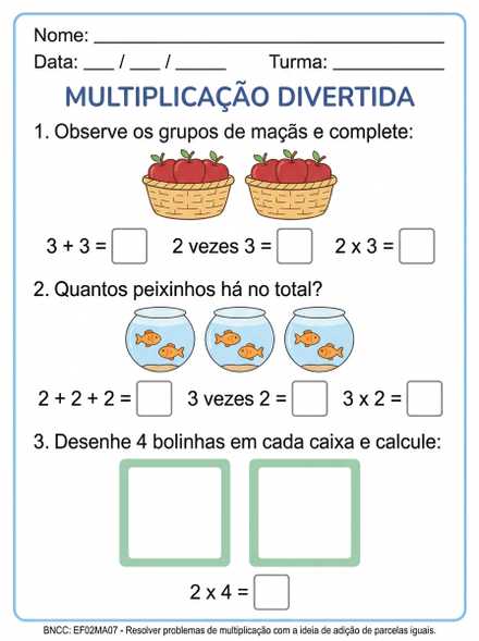 Multiplicação divertida com caixas de resposta