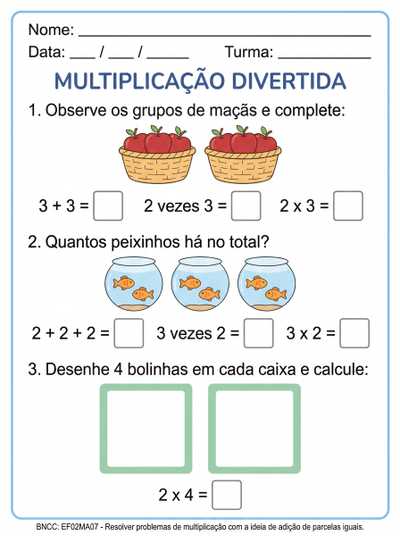 Atividade de multiplicação para alunos com tea. Espaços amplos para respostas