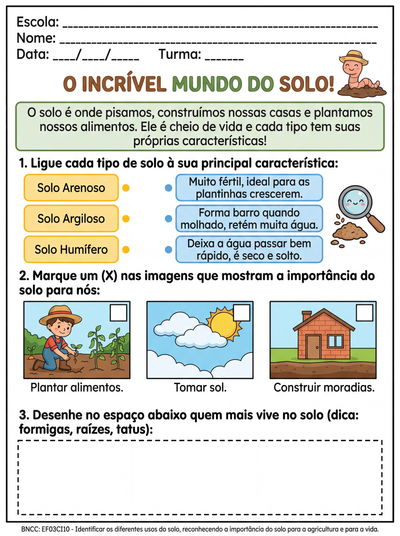 Atividade sobre a importancia do solo e suas características para 3º ano fundamental
