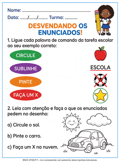 Criar atividade sobre enunciados  de tarefas escolares para alunos do 3 ano do fundamental.