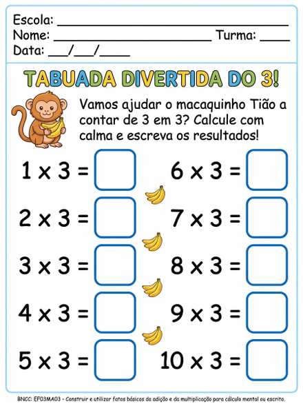 Tabuada divertida do 3 com espaços para resposta