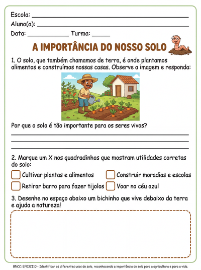 Atividade sobre a importancia do solo  para 3º ano fundamental