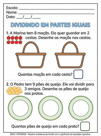 Atividade de divisão para alunos com tea. Espaços amplos para respostas