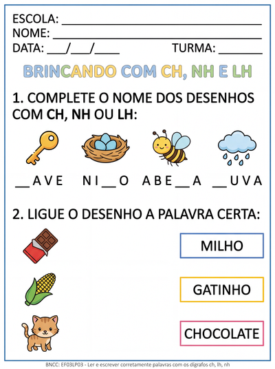 Atividade sobre letra H. Ch, Nh, Lh. para alunos do terceiro ano que possuem dificuldades  de aprendizagem