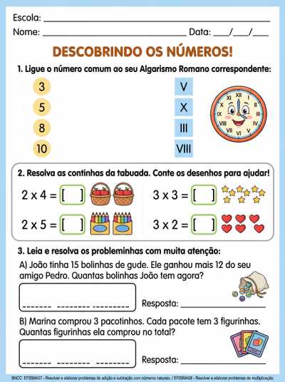 ATIVIDADE ADAPTADA PARA TEA 5º ANO SOBRE 
1-  ALGARISMOS ROMANOS  ATÉ 10
2- TABUADA X2 E X3
3- PROBLEMINHAS  X2, X3, ADIÇÃO E SUBTRAÇÃO SEM REAGRUPAMENTO