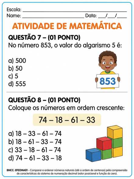 Atividade de Matemática Algarismo 5 e Ordem Cresc…