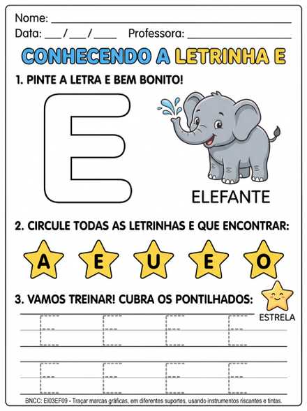 Atividade da letra E com elefante e estrelas