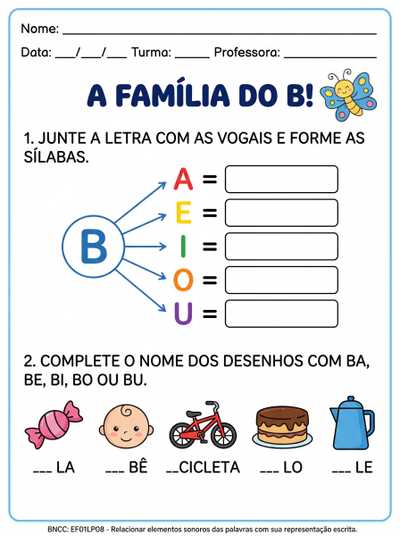 Atividade de alfabetização com as famílias silábicas.