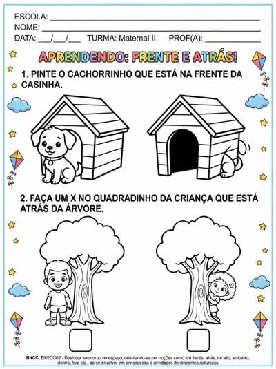 Crie uma atividade com imagens sem colorir crianças da creche maternal II sobre o conceito frente e atras.