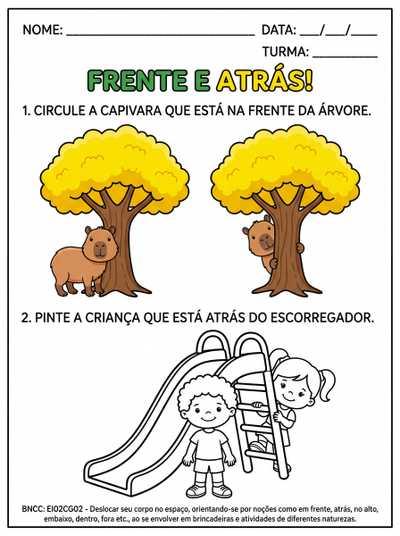 Atividade gráfica para creche com o conceito frente e atrás