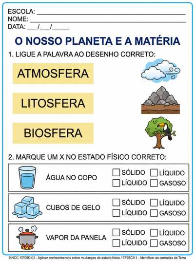 ATIVIDADE PARA TEA 5ANO 

1- ATMOSFERA, LITOSFERA E BIOSFERA 
2- ESTADOS FÍSICOS DA MATÉRIA : SÓLIDO, LIQUIDO E GASOSO