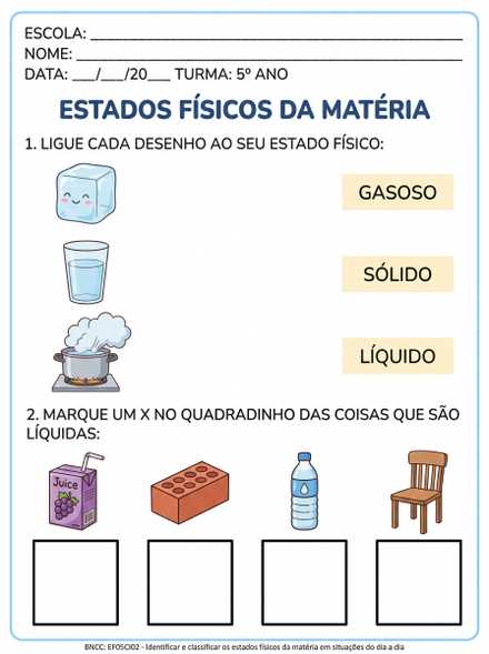 Atividade Estados Físicos da Matéria 5º Ano