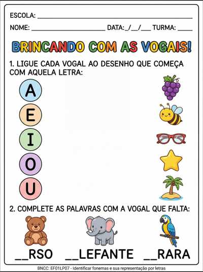 Atividade de alfabetização com as vogais