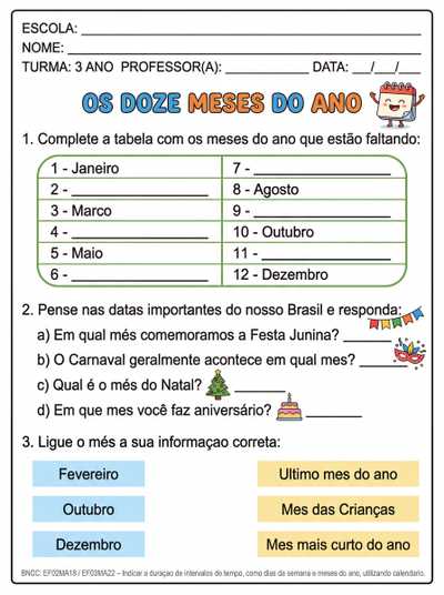 ATIVIDADE OS DOZE MESES DO ANO,  DE MATEMATICA DO 3 ANO DO ENSINO FUNDAMENTAL