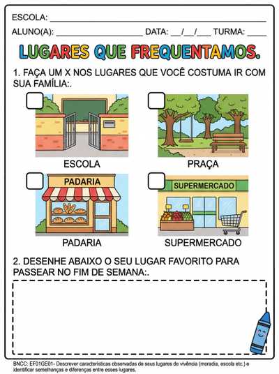 Atividade de geografia para o 1º ano do ensino fundamental: lugares que frequentamos