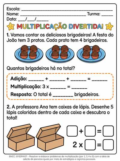 Atividade de multiplicação para alunos com dificuldade. Espaços amplos para respostas