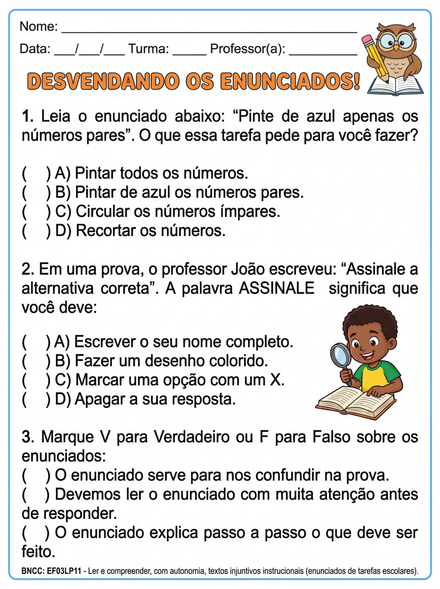 Atividade com enunciados de tarefas escolares