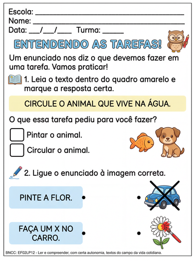 atividade sobre o gênero textual: enunciado de tarefas escolares.  Atividade objetiva para criança com dislexia