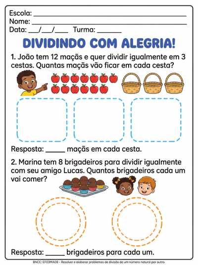 Atividade de divisão para alunos com dificuldade. Espaços amplos para respostas