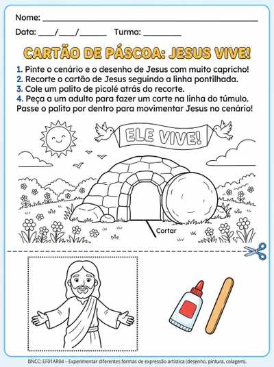 cartão de páscoa para colorir Jesus Vive .  Jesus precisa ser recortado para colar no palito e e interagir com o cenário.