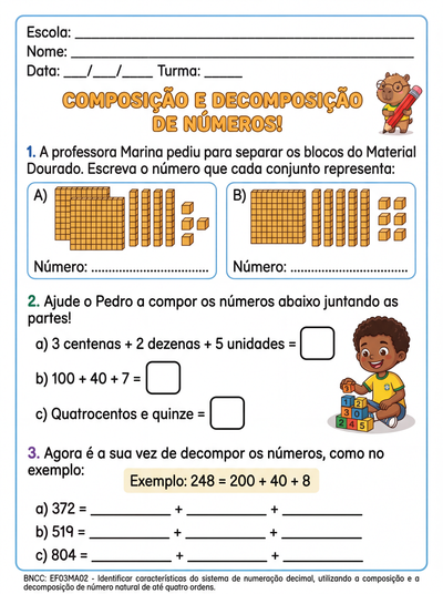 composição ne decomposição de números 3º ano fundamental
