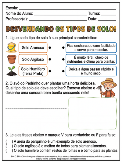 Atividade sobre os tipos de solo para 3º ano do fundamental