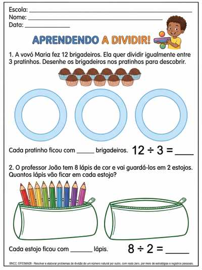 Atividade de divisão para alunos com dificuldade. Espaços amplos para respostas