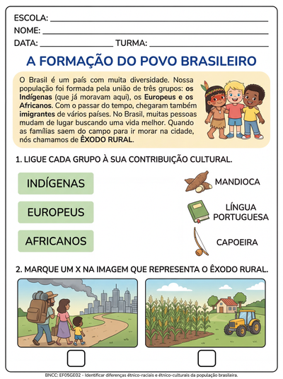 faça uma atividade adaptada para um aluno do 5º ano sobre : população brasileira , influencia indigena, europeia e africana. Sobre imigrantes, migrantes e exodo rural. com pequeno texto informativo de linguagem simples e tarefas adaptadas para TEA
