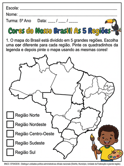 faça uma atividade adaptada para um aluno do 5º ano sobre : divisão politica do brasil para criança colorir  o mapa, já deixe as regiões pré limitadas