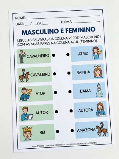 ATIVIDADE ADAPTADA PARA TEA 5º ANO SOBRE 
MASCULINO E FEMININO PARA LIGAR OS PARES.

DAMA CAVALHEIRO/ AMAZONA CAVALEIRO/ ATOR ATRIZ / AUTOR  AUTORA  / ENTRE OUTROS