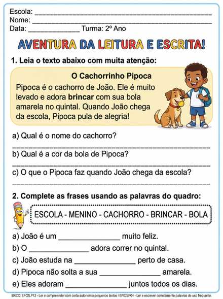 Atividade de leitura e escrita Pipoca 2º ano