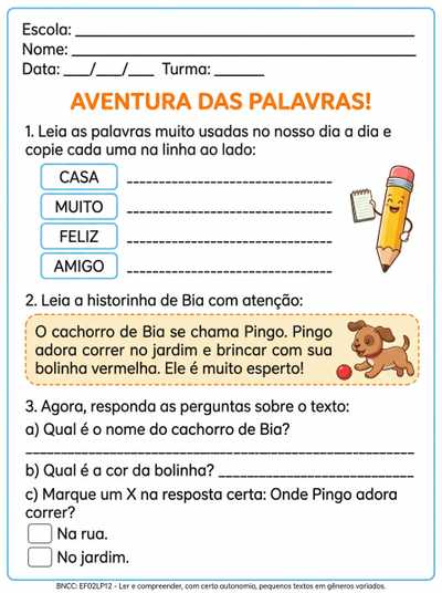 I want writing activity to work with a year 2 student. It has to be about writing high frequency words and reading comprehension. The activity has to be in English, not Portuguese.