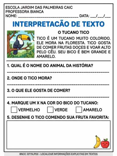 Atividade de interpretaçã de texto 2º ano 
colocar cabeçalho 
escola jardim das palmeiras caic 
pofessora bianca
tuo em letra bastão 
diminuir tamanho para caber mais aividades em um lauda.