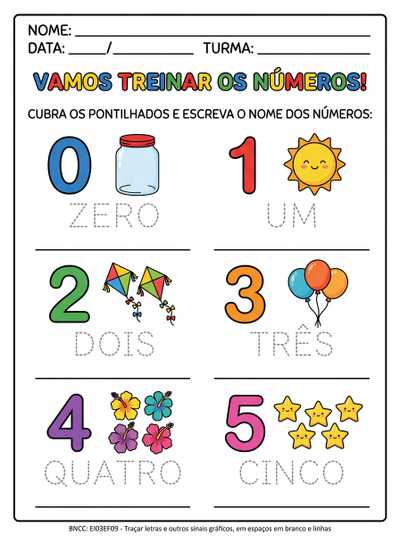 atividade  em caixa alta do traçado dos números por extenso de 0 a 5  para treino da escrita