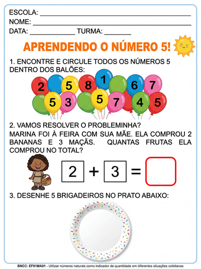 ATIVIDADES QUE TRABALHEM O NUMERO 5 . ENCONTRE O NUMERO 5  SITUAÇOÃO PROBLEMAS SIMPLES