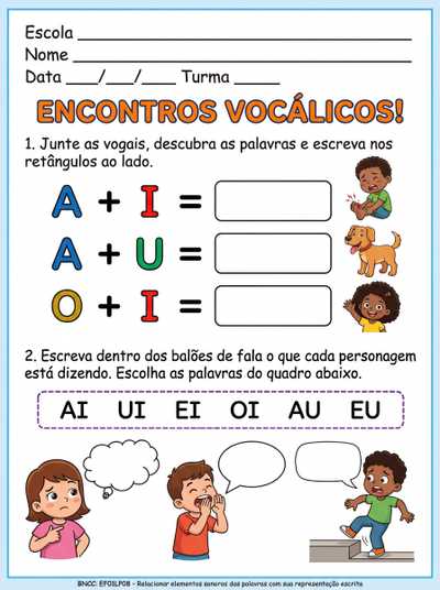 Atividade de alfabetização com  encontros vocálicos