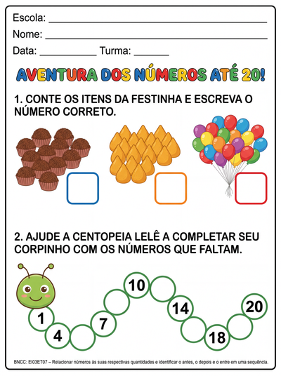 Matemática números até 20 pre alfabetização