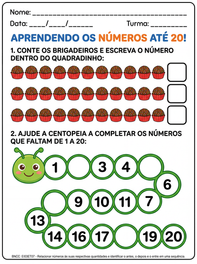Atividades de números até 20 Pre alfabetização