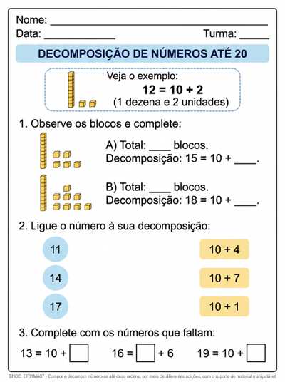 CRIE UMA ATIVIDADE ADAPTADA TEA PARA 5ANO SOBRE decomposição  dos numerais até 20