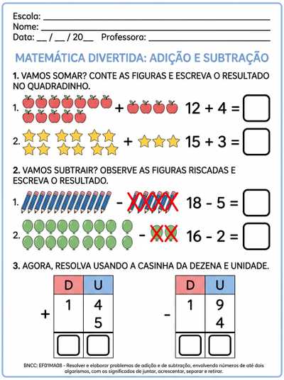 CRIE UMA ATIVIDADE ADAPTADA TEA PARA 5ANO SOBRE  adição e subtração sem reagrupamento até 20