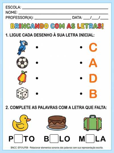 Atividade alfabética para crianças  de II período educação infantil e 1° ano do ensino fundamental