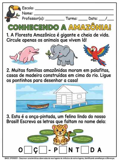 Atividade de Geografia para crianças 1° ano do ensino fundamental com imagens da região amazônica