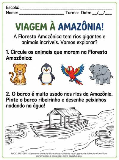 Atividade de Geografia para crianças  1° ano do ensino fundamental com imagens da região amazônica