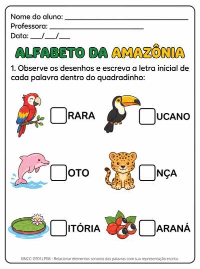 Atividade alfabética para crianças  de II período educação infantil e 1° ano do ensino fundamental com imagens da Região amazônica
