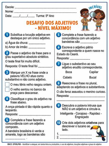 Desafio dos adjetivos nível máximo 5º ano