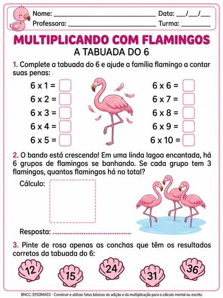 Tabuada do 6 com flamingos para pintar e completar