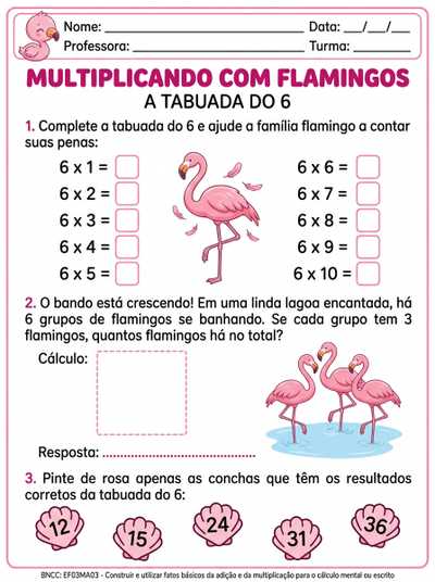 atividades de multiplicação 6 nos tons de rosa com flamingos