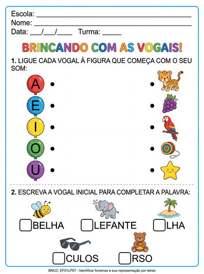 Atividade de alfabetização com as vogais