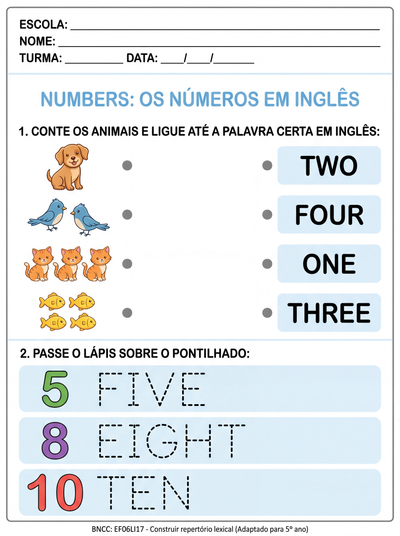 elabore uma atividade de inglês adaptada para aluno TEA quinto ano sobre numerais em inglês até 10